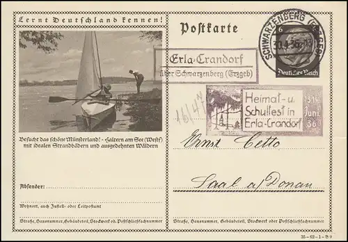 Landpost-Stempel Erla-Crandorf über SCHWARZENBERG 30.4.1936, Bildpostkarte P 236