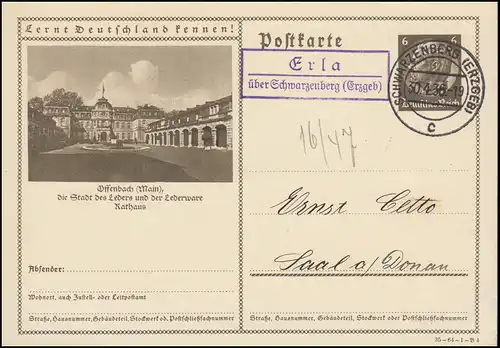 Landpost-Stempel Erla über SCHWARZENBERG / ERZGEB. 30.4.36, Bildpostkarte P 236