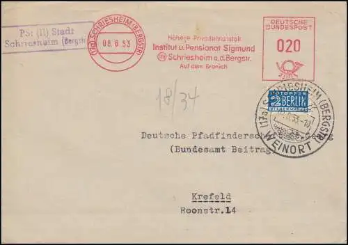 Landpost-Stempel Pst (II) Stadt Schriesheim (Bergstr) Bf. AFS SCHRIESHEIM 8.6.53