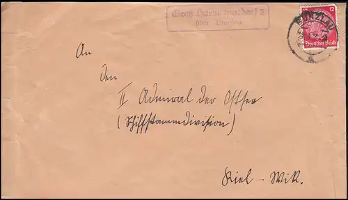 Landpost-Stempel Groß Hartmannsdorf 3 über BUNZLAU 28.3.1937 auf Brief nach Kiel
