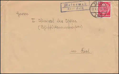 Landpost-Stempel Meineweh über Zeitz auf Brief ZEITZ LAND 22.3.1937 nach Kiel