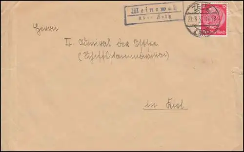 Landpost-Stempel Meineweh über Zeitz auf Brief ZEITZ LAND 22.3.1937 nach Kiel