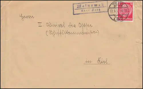 Templier de la poste de campagne de Meinenweh sur Zeitz sur la lettre ZEITZ PAYS 22.3.1937 à Kiel