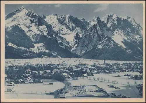 Bahnpost MÜNCHEN-GARMISCH ZUG 1363 9.3.46 (Stempelfehler) auf AK Zugspitze