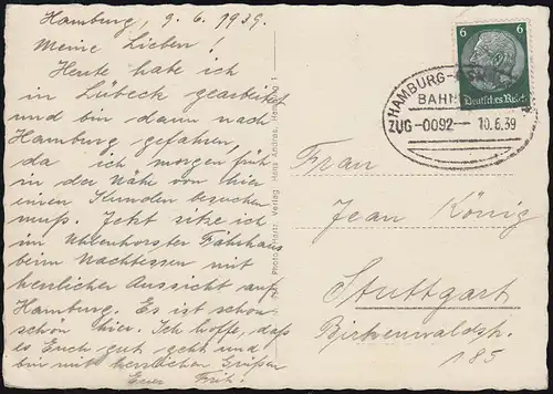 Poste ferroviaire HAMBURG-OSNABRÜCK RETARD 0092 - 10.6.39 sur AK Uhlenhorster ferry