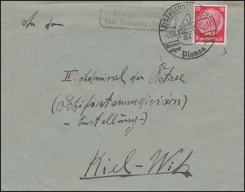 Landpost-Stempel Walpernhain über Eisenberg, Brief SSt EISENBERG Pianos 4.3.37