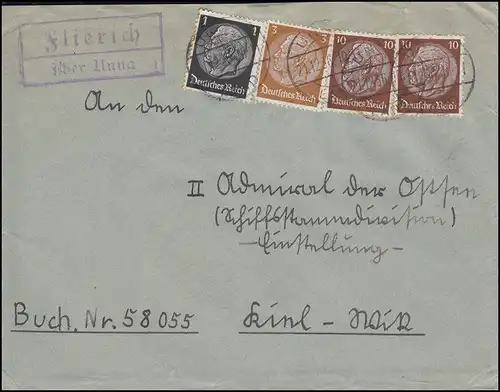 Templier de campagne Flierich sur UNNA 21.12.1936 sur lettre à Kiel-Wik