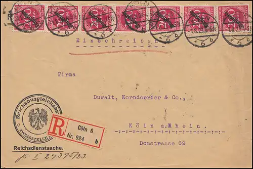 58 Dienstmarke MeF Reichsdienstsache Reichsausgleichsamt R-Brief KÖLN 1.8.1923