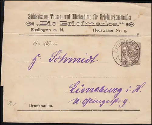 Württemberg PS 2 chiffre 3 pf marron Objet imprimé Le timbre ESSLINGEN 8.9.1895