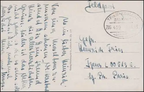 Bahnpost TRIER-KOBLENZ ZUG 439 - 1.4.1943 als Feldpost auf AK Deutscher Rhein