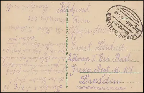 Bahnpost LEIPZIG-SAALFELD ZUG 366 - 8..8.1918 auf AK Frankfurt/Main als Feldpost