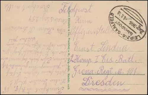 Poste ferroviaire LEIPZIG-SAALFELD ZUG 366 - 8.8.1918 sur AK Francfort/Main comme poste de terrain