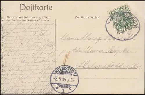 Bahnpost HANNOVER-BEBRA 7.8.1905, AK Lippolds-Höhle bei Alfeld, nach HELMSTEDT