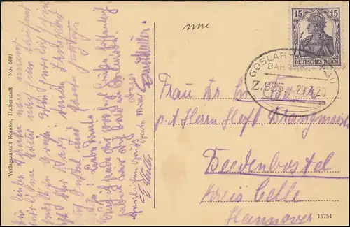 Poste ferroviaire GOSLAR-ALTENAU ZUG 985 - 29.3.1920 sur carte de visualisation Lauterthal / Résine