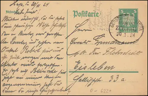 Bahnpost GERSTUNGEN-VACHA ZUG 1037 - 20.1.1924 auf Postkarte nach Eisleben