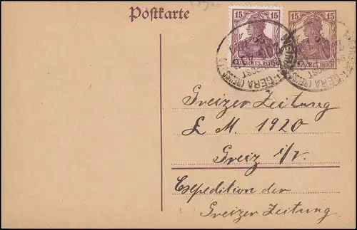 Poste ferroviaire WEIMAR-GERA (REUSS) ZUG 418 - 26.7.1920 sur carte postale à GRIZ