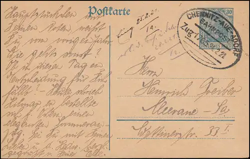 Bahnpost CHEMNITZ-AUE-ADORF ZUG 1765 - 21.2.1921 auf Postkarte nach Meerane