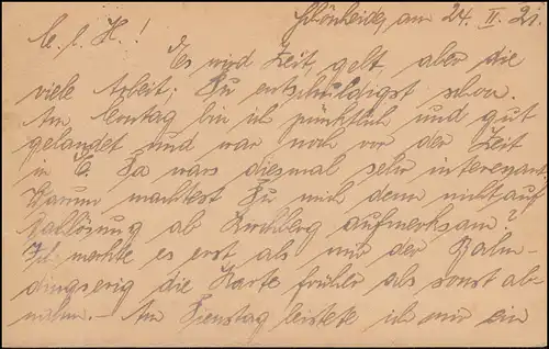 Bahnpost CHEMNITZ-AUE-ADORF ZUG 1765 - 21.2.1921 auf Postkarte nach Meerane