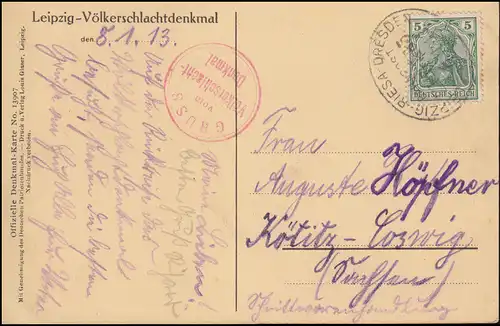 Bahnpost LEIPZIG-RIESA-DRESDEN 8.1.1913 auf AK Leipzig Völkerschlachtdenkmal