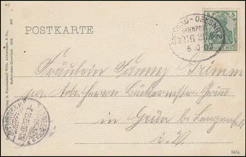 Bahnpost ZWICKAU-OELSNITZ ZUG 2156 - 5.10.1902 auf AK Zwickau Muldenufer