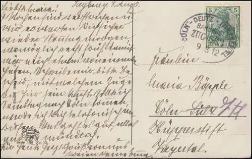 Bahnpost CÖLN-DEUTZ-IMMEKEPPEL ZUG 683 - 9.8.1912 auf AK Köln am Rhein 