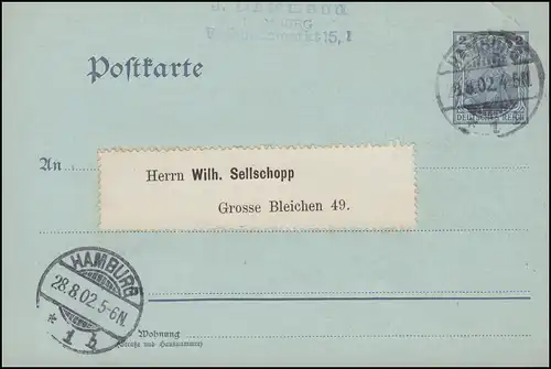 Carte postale privée PP 20 Association des timbres à HAMBURG 28.8.1902