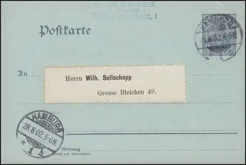 Carte postale privée PP 20 Association des timbres à HAMBURG 28.8.1902