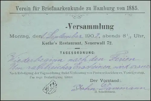 Carte postale privée PP 20 Association des timbres à HAMBURG 28.8.1902