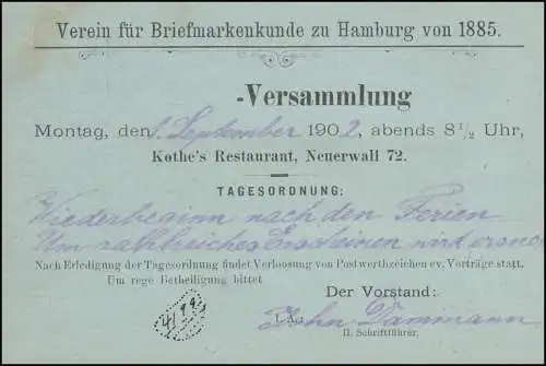 Carte postale privée PP 20 Association des timbres à HAMBURG 28.8.1902