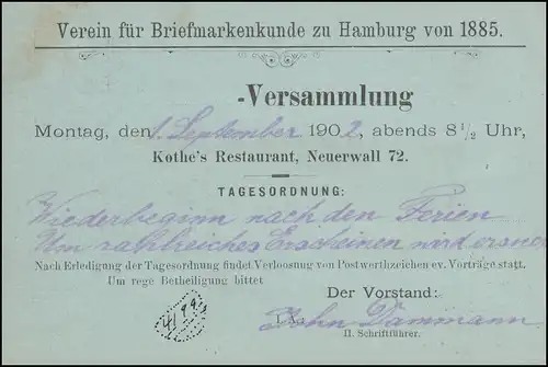 Privatpostkarte PP 20 Verein der Briefmarkenkunde zu HAMBURG 28.8.1902