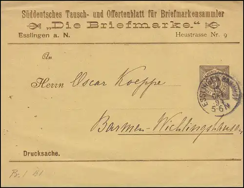Wurtemberg PS 2 Streifband Le timbre ESSLINGEN-BAHNHOF 15.10.1894