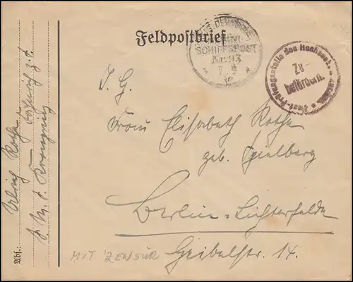 FRANÇAIS NAVIRE MARINE POST No 93 - 7.9.1917 SMS Prince héritier Lettre avec censure