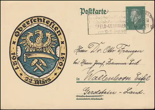 P 190 Volksabstimmung in Oberschlesien KREFELD 2 - 28.8.1931 nach Wallenborn