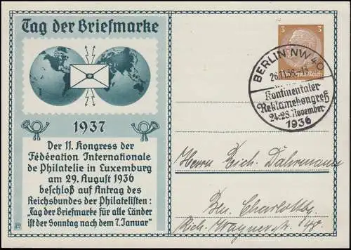 PP 122C 20/02 Hindenburg Journée du timbre-poste SSt BERLIN Congrès de la réclamation 26.11.36