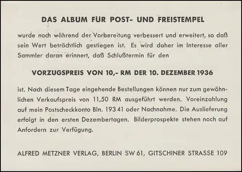 PP 122C 20/02 Hindenburg Journée du timbre-poste SSt BERLIN Congrès de la réclamation 26.11.36