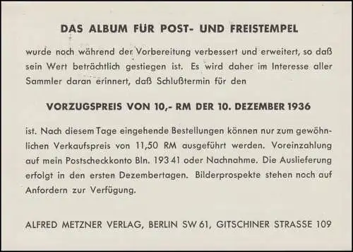 PP 122C 20/02 Hindenburg Journée du timbre-poste SSt BERLIN Congrès de la réclamation 26.11.36