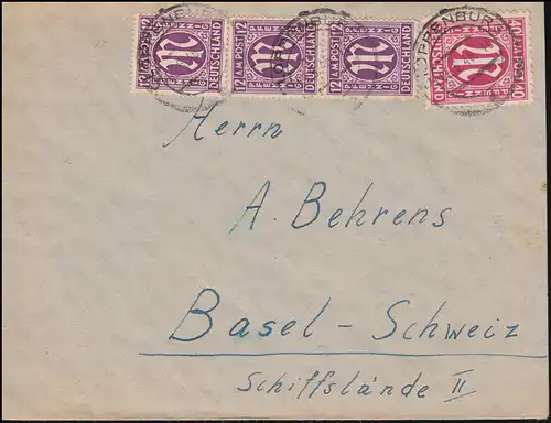 15+30 AM-Post 12+40 Pf auf Auslandsbrief CLOPPENBURG 5.5.1946 nach Basel/Schweiz