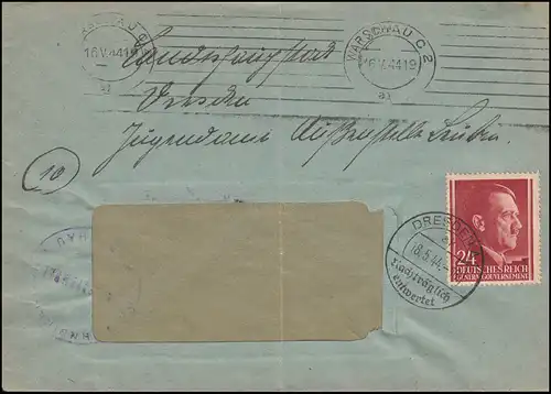 78 Freimarke EF Brief WARSCHAU 16.5.44 BS Bahndirektion an das Jugendamt Guben