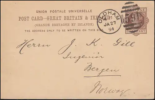 Großbritannien Postkarte P 18 Königin Viktoria DUP OLDHAM 59 - 27.1.1891
