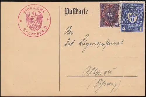 202 Gewerbeschau + 207 Posthorn auf Postkarte Finanzamt AUGSBURG 12.12.1922