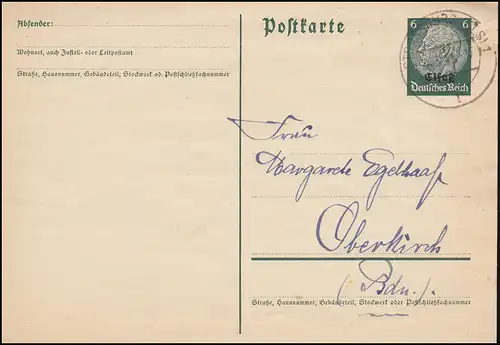 Elsaß Postkarte P 2 Hindenburg mit Aufdruck STRASSBURG 24.3.1941 nach Oberkirch