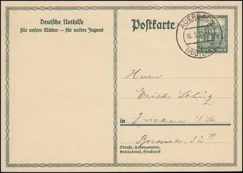 Sonderpostkarte P 212II Nothilfe Dresdner Zwinger AUERBACH / VOGTLAND 10.3.32