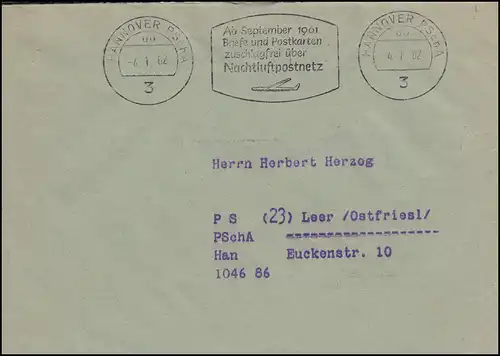 Postscheckamt-Stempel HANNOVER 4.1.62 zuschlagfrei Nachtluftpostnetz auf Brief