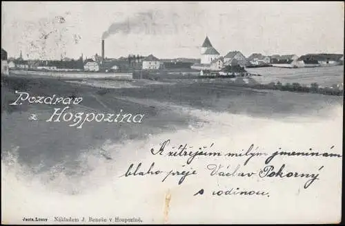 Österreich Ansichtskarte HOSPOZIN 4.10.1904 nach ZIZKOV 4.10.04