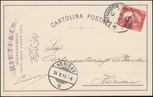 Egypte Pyramide 4 Mill. sur carte postale ALEXANDRIA 20.5.1911 vers HERISAU 24.5.11