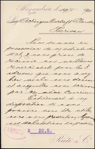 Egypte Pyramide 4 Mill. sur carte postale ALEXANDRIA 20.5.1911 vers HERISAU 24.5.11