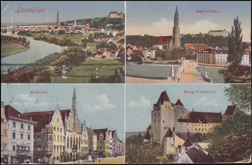 Bahnpost BAYRISCHZELL-MÜNCHEN auf AK Landshut mit 4 Bildern, um 1928