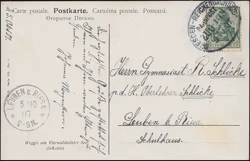 Bahnpost DRESDEN-REICHENBACH (VOGTL.) 5.10.1907 auf AK Weggis / Schweiz