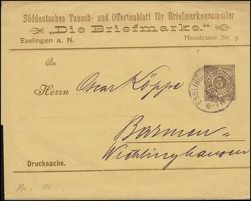 Wurtemberg PS 2 Streifband Le timbre ESSLINGEN-BAHNHOF 14.11.1894