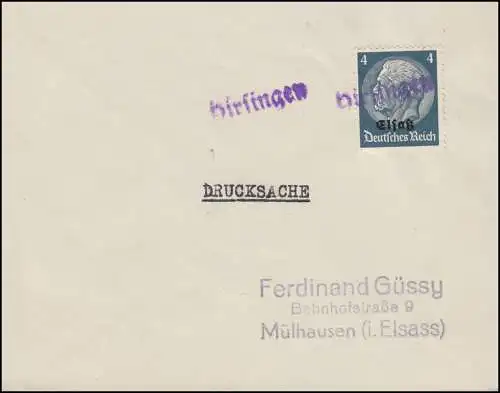 Elsaß 2 Hindenburg 4 Pf mit Aufdruck Drucksache mit Landpost-Stempel Hirsingen